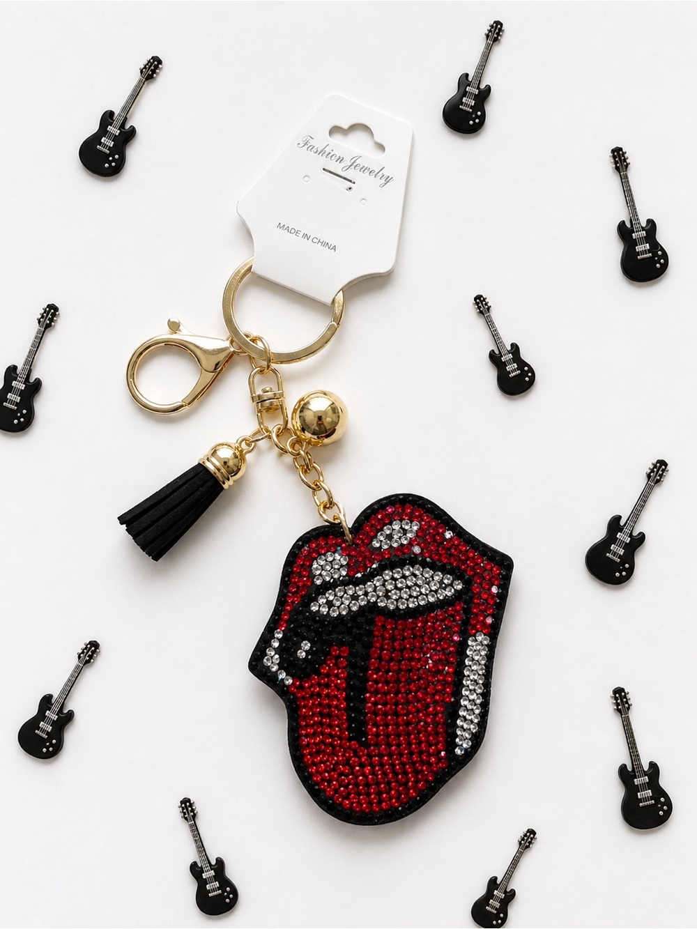 Fashion Jewelry Red and Black Rhinestone Tongue Keychain with Gold Hardware